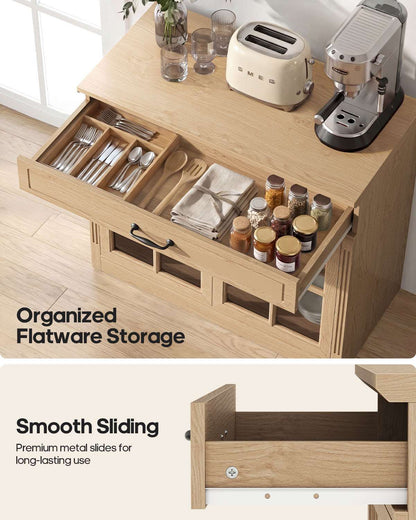 HAUOMS 31.5 Inch Coffee Bar Cabinet with Glass Doors and Drawer Modern Farmhouse Buffet with 3-Level Adjustable Shelf  Storage Console for Kitchen Living Room