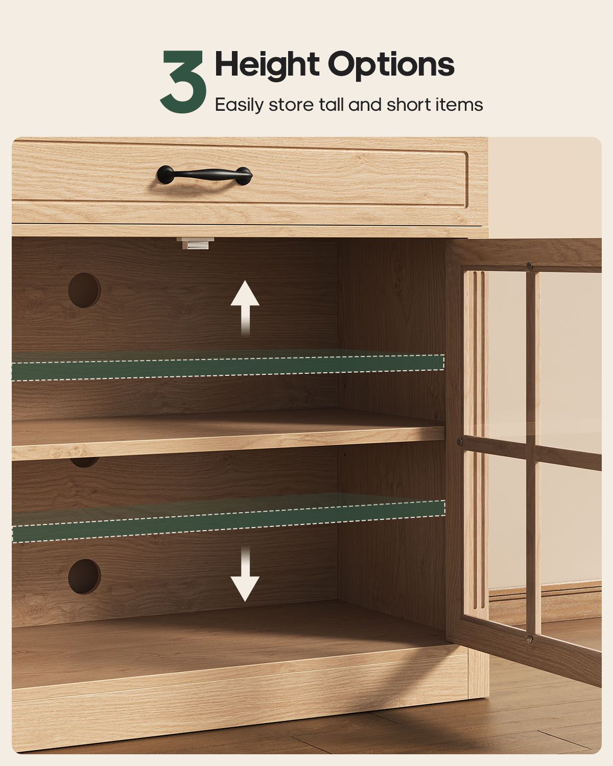 HAUOMS 31.5 Inch Coffee Bar Cabinet with Glass Doors and Drawer Modern Farmhouse Buffet with 3-Level Adjustable Shelf  Storage Console for Kitchen Living Room