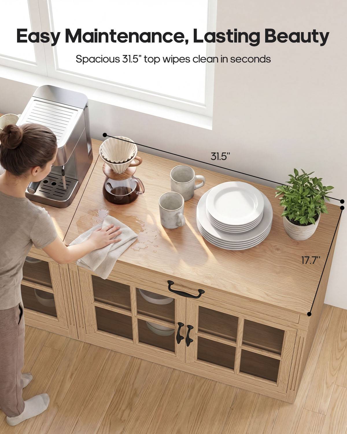 HAUOMS 31.5 Inch Coffee Bar Cabinet with Glass Doors and Drawer Modern Farmhouse Buffet with 3-Level Adjustable Shelf  Storage Console for Kitchen Living Room