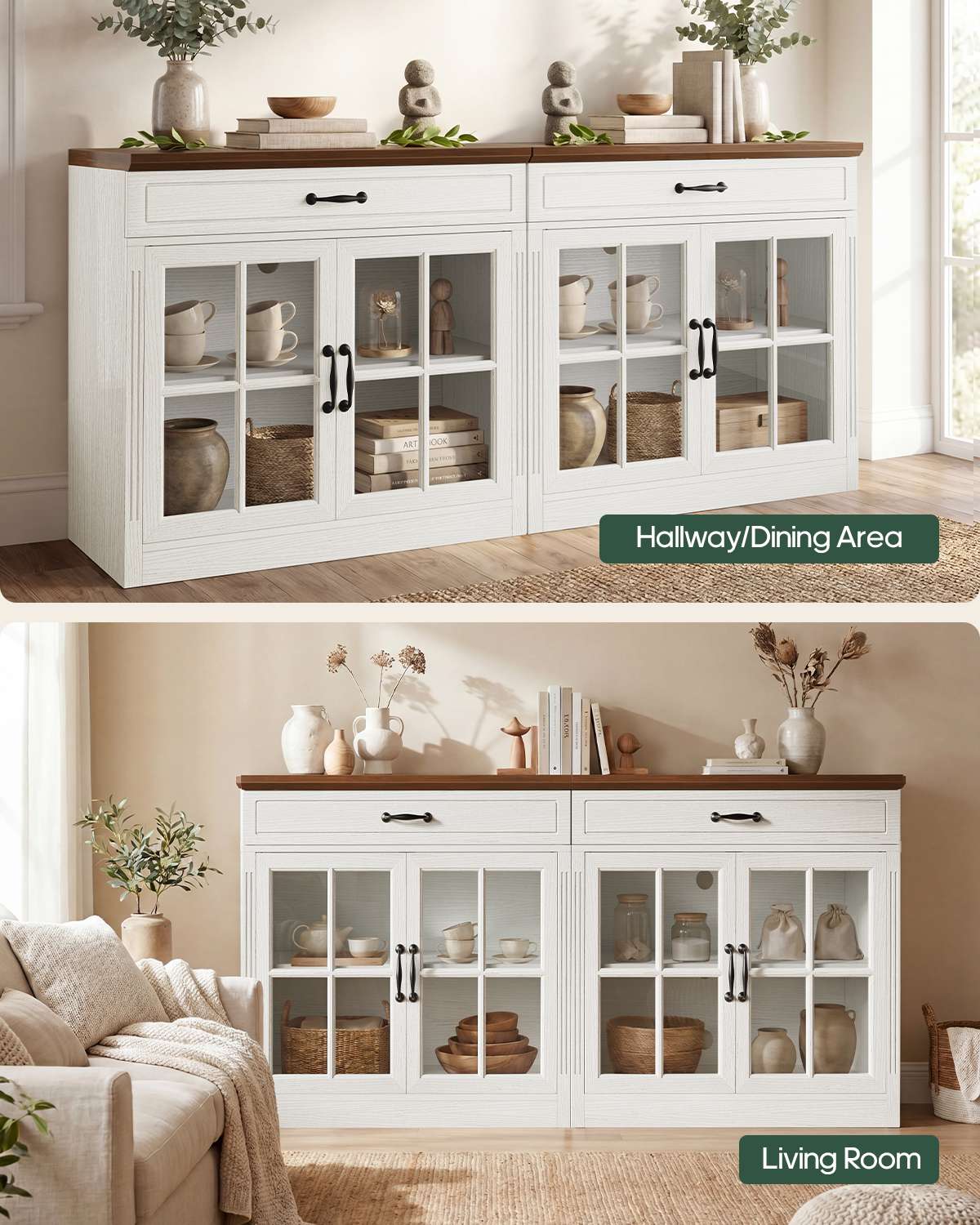 HAUOMS 31.5 Inch Coffee Bar Cabinet with Glass Doors and Drawer Modern Farmhouse Buffet with 3-Level Adjustable Shelf  Storage Console for Kitchen Living Room