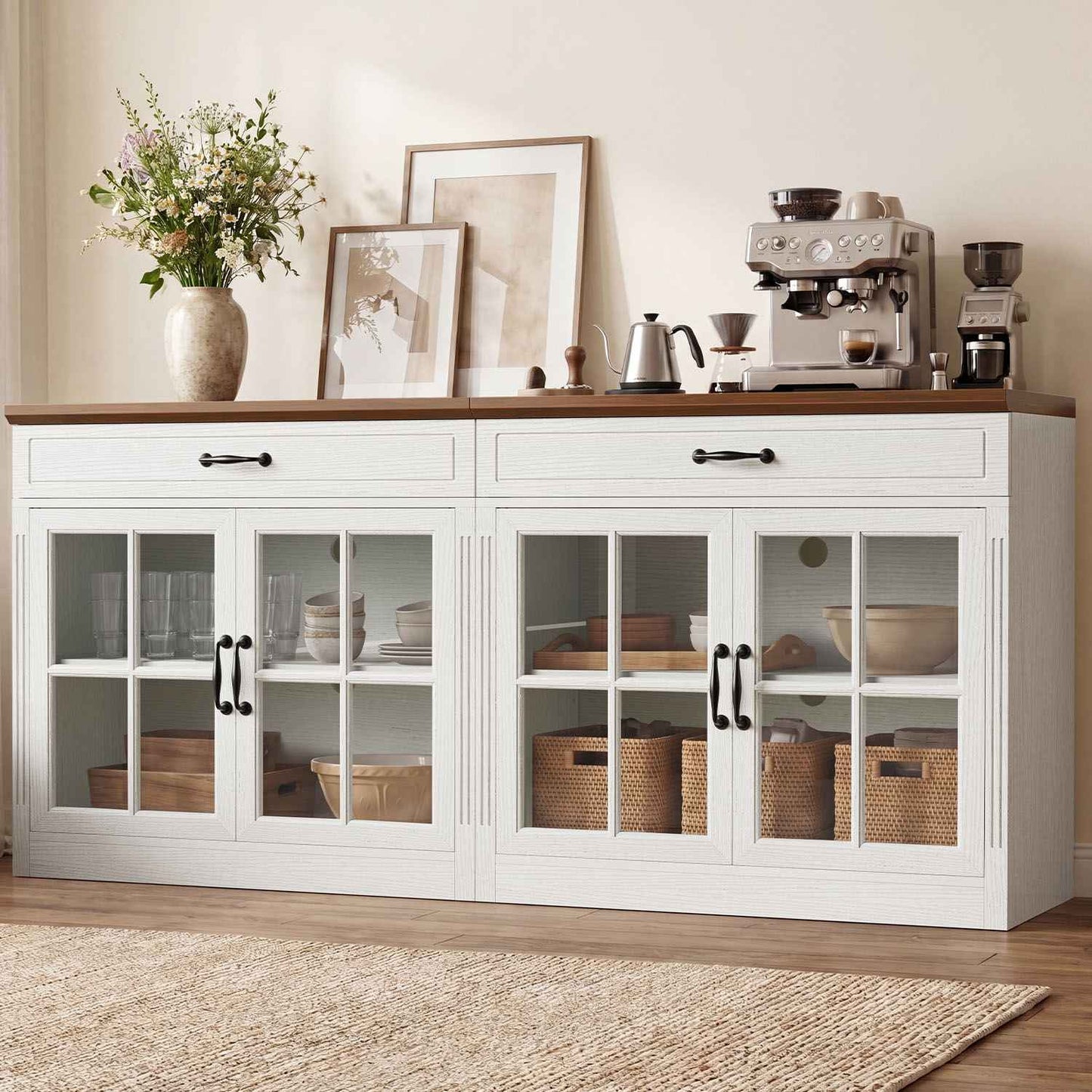 HAUOMS 31.5 Inch Coffee Bar Cabinet with Glass Doors and Drawer Modern Farmhouse Buffet with 3-Level Adjustable Shelf  Storage Console for Kitchen Living Room