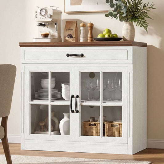 HAUOMS 31.5 Inch Coffee Bar Cabinet with Glass Doors and Drawer Modern Farmhouse Buffet with 3-Level Adjustable Shelf  Storage Console for Kitchen Living Room