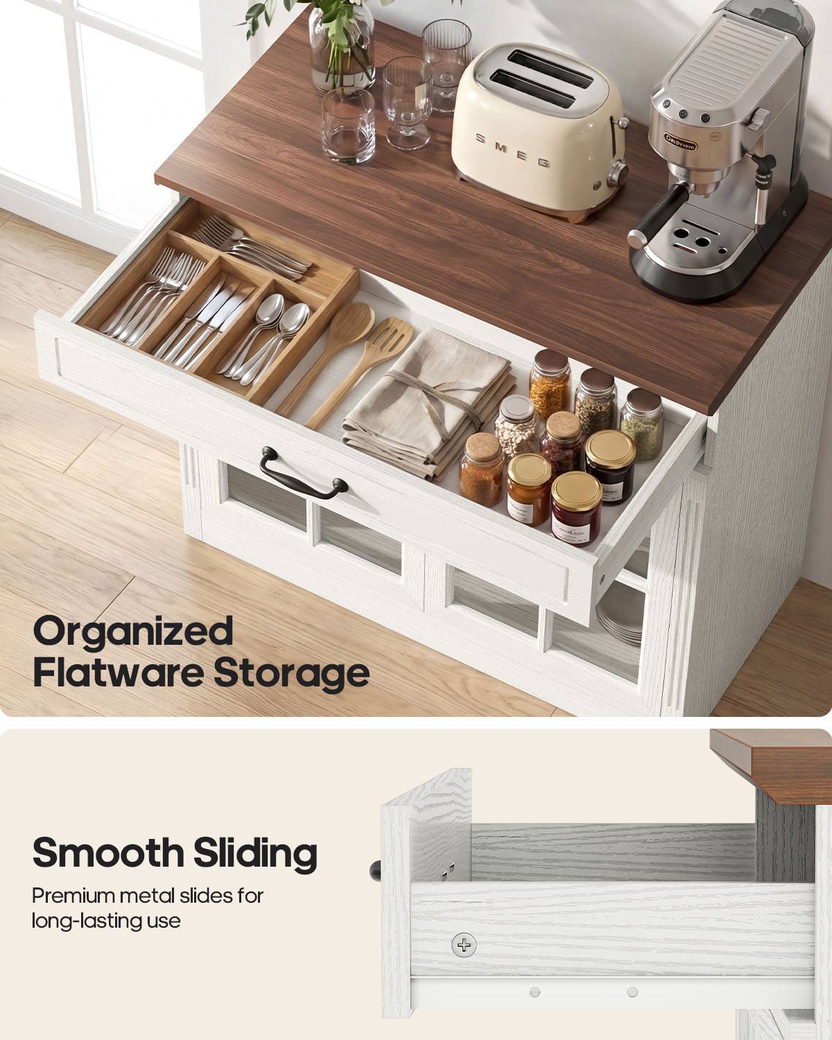 HAUOMS 31.5 Inch Coffee Bar Cabinet with Glass Doors and Drawer Modern Farmhouse Buffet with 3-Level Adjustable Shelf  Storage Console for Kitchen Living Room