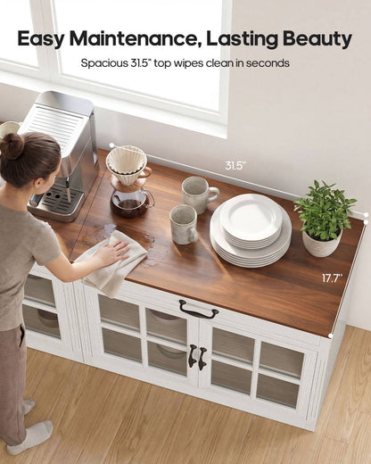 HAUOMS 31.5 Inch Coffee Bar Cabinet with Glass Doors and Drawer Modern Farmhouse Buffet with 3-Level Adjustable Shelf  Storage Console for Kitchen Living Room