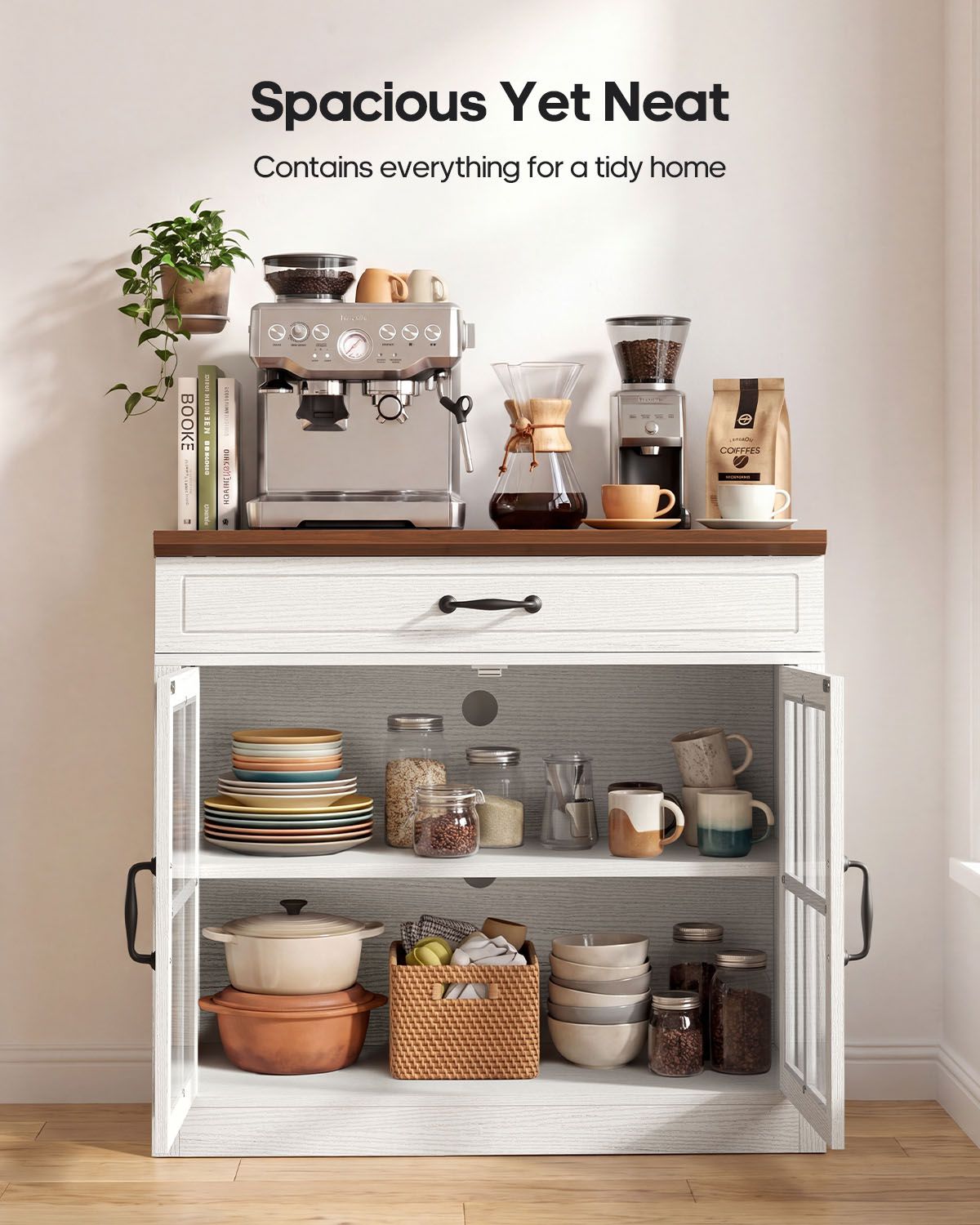 HAUOMS 31.5 Inch Coffee Bar Cabinet with Glass Doors and Drawer Modern Farmhouse Buffet with 3-Level Adjustable Shelf  Storage Console for Kitchen Living Room