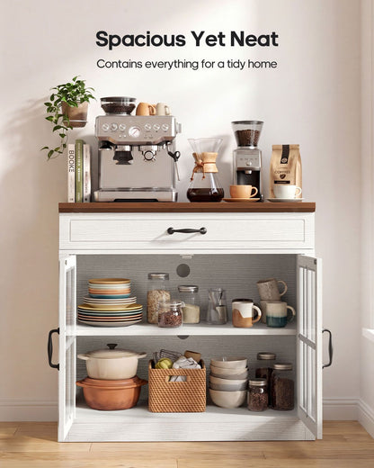 HAUOMS 31.5 Inch Coffee Bar Cabinet with Glass Doors and Drawer Modern Farmhouse Buffet with 3-Level Adjustable Shelf  Storage Console for Kitchen Living Room