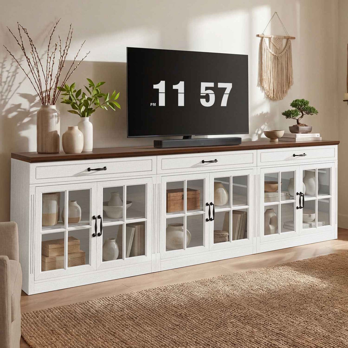 HAUOMS 31.5 Inch Coffee Bar Cabinet with Glass Doors and Drawer Modern Farmhouse Buffet with 3-Level Adjustable Shelf  Storage Console for Kitchen Living Room
