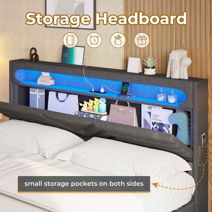 HAUOMS Full Floating Bed Frame with LED Light Headboard and Charging Station Upholstered Platform Bed Frame with Storage Headboard