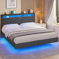 HAUOMS Full Floating Bed Frame with LED Light Headboard and Charging Station Upholstered Platform Bed Frame with Storage Headboard