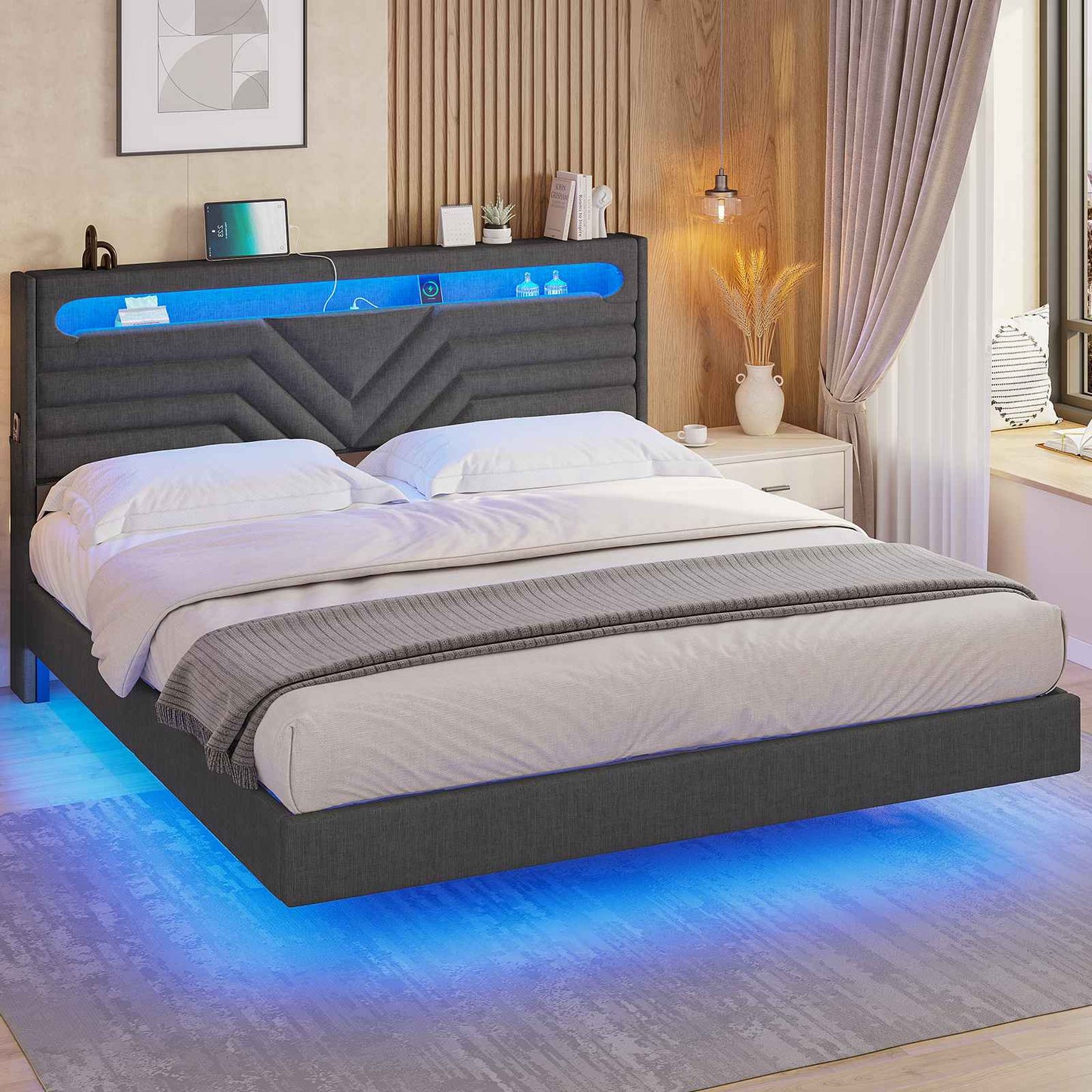 HAUOMS Full Floating Bed Frame with LED Light Headboard and Charging Station Upholstered Platform Bed Frame with Storage Headboard