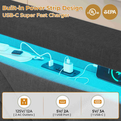 HAUOMS Full Floating Bed Frame with LED Light Headboard and Charging Station Upholstered Platform Bed Frame with Storage Headboard