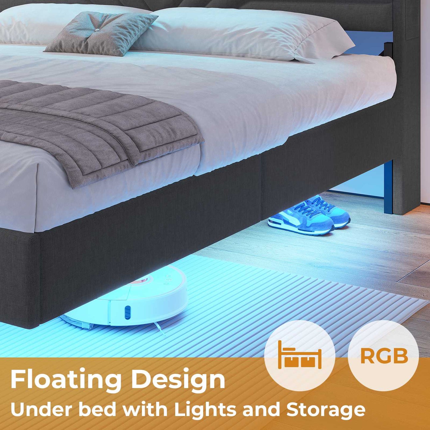 HAUOMS Full Floating Bed Frame with LED Light Headboard and Charging Station Upholstered Platform Bed Frame with Storage Headboard