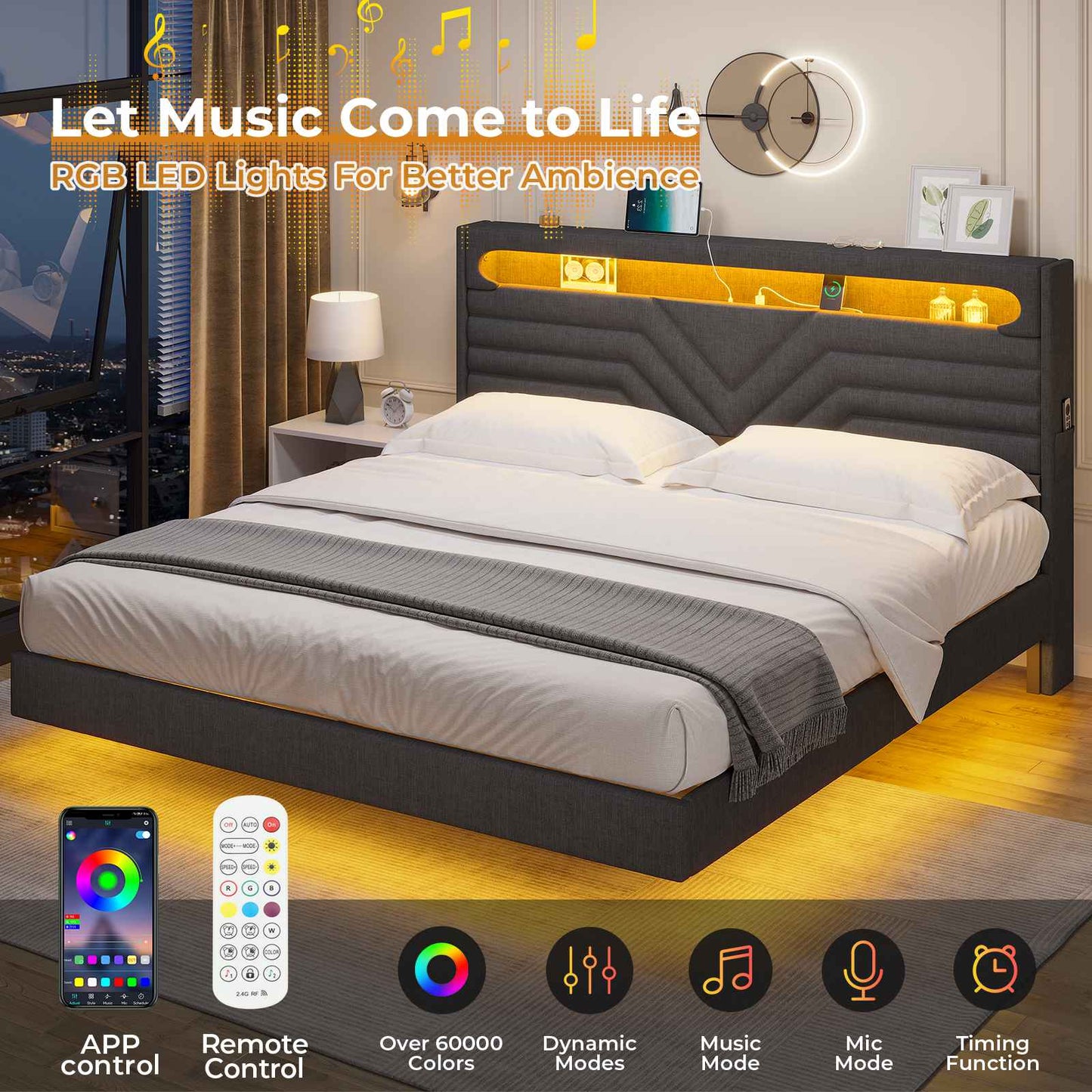 HAUOMS Full Floating Bed Frame with LED Light Headboard and Charging Station Upholstered Platform Bed Frame with Storage Headboard