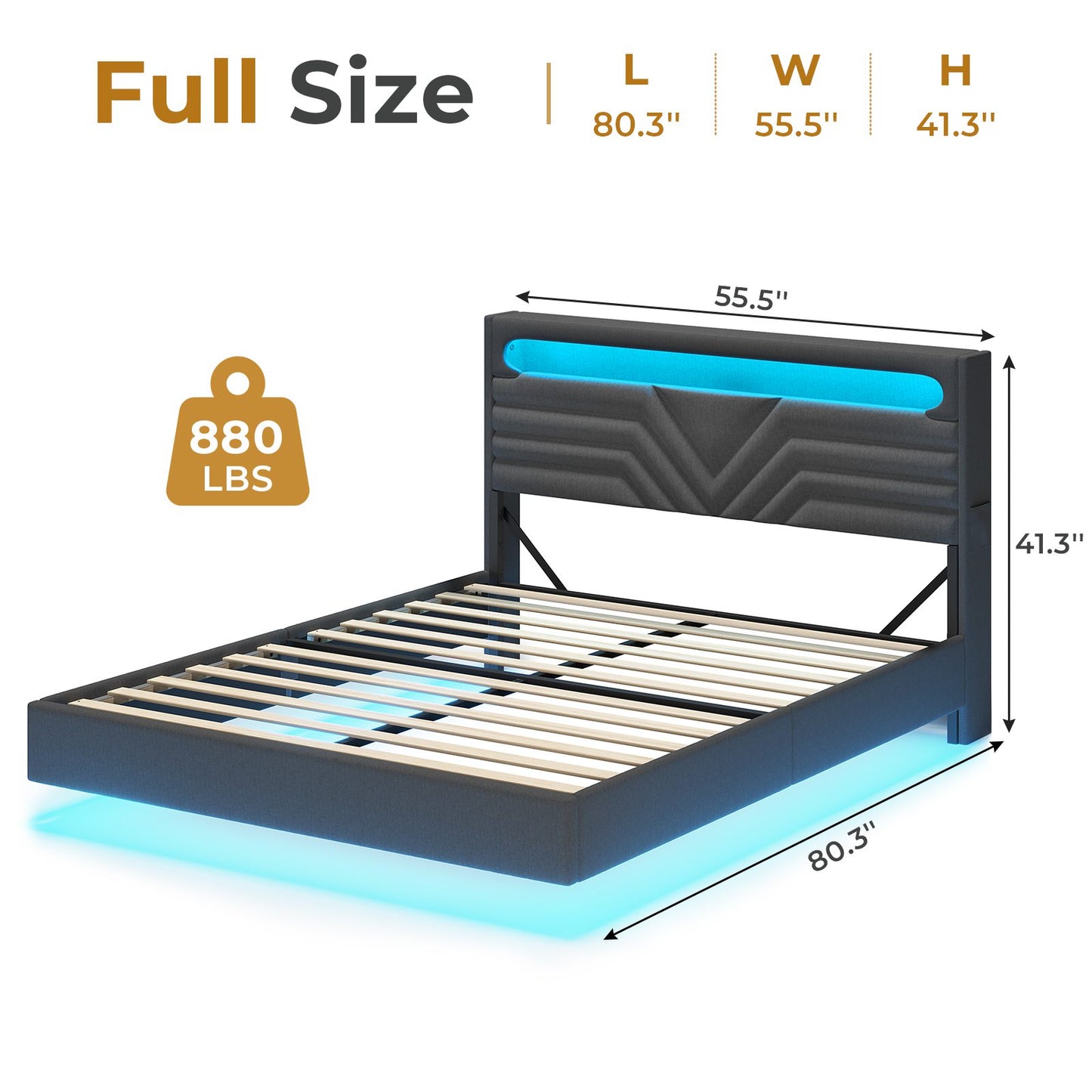 HAUOMS Full Floating Bed Frame with LED Light Headboard and Charging Station Upholstered Platform Bed Frame with Storage Headboard