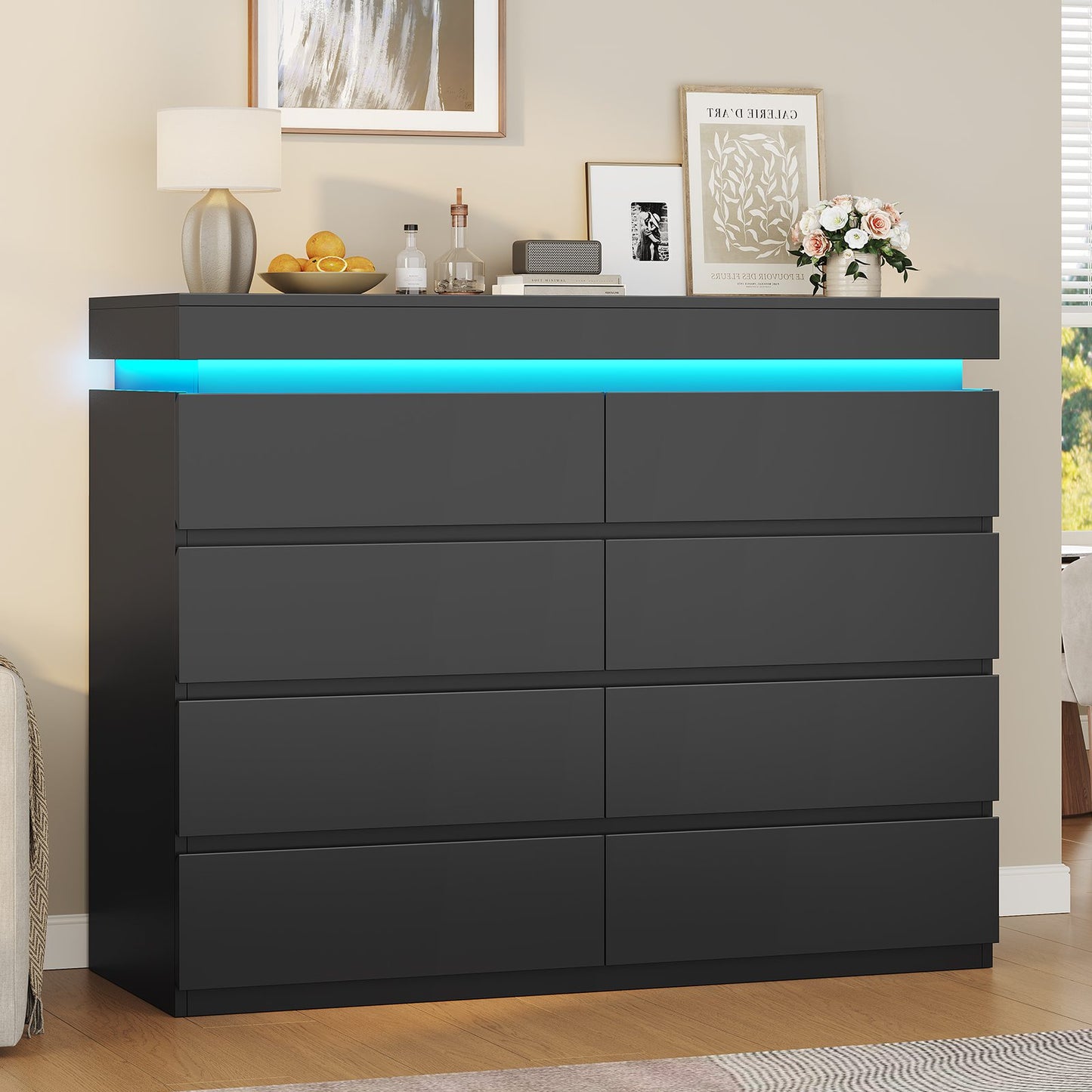 HAUOMS 40 inch Dresser with LED Light and 8 Drawer Modern Closet Dressers for Bedroom Living Room Entryway