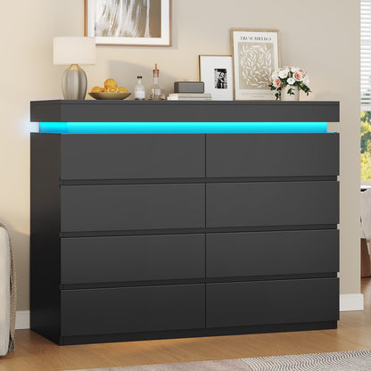 HAUOMS 40 inch Dresser with LED Light and 8 Drawer Modern Closet Dressers for Bedroom Living Room Entryway