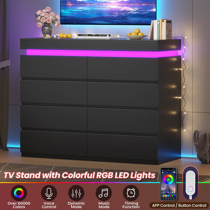 HAUOMS 40 inch Dresser with LED Light and 8 Drawer Modern Closet Dressers for Bedroom Living Room Entryway