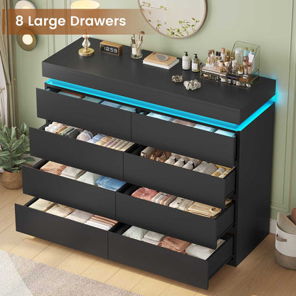 HAUOMS 40 inch Dresser with LED Light and 8 Drawer Modern Closet Dressers for Bedroom Living Room Entryway