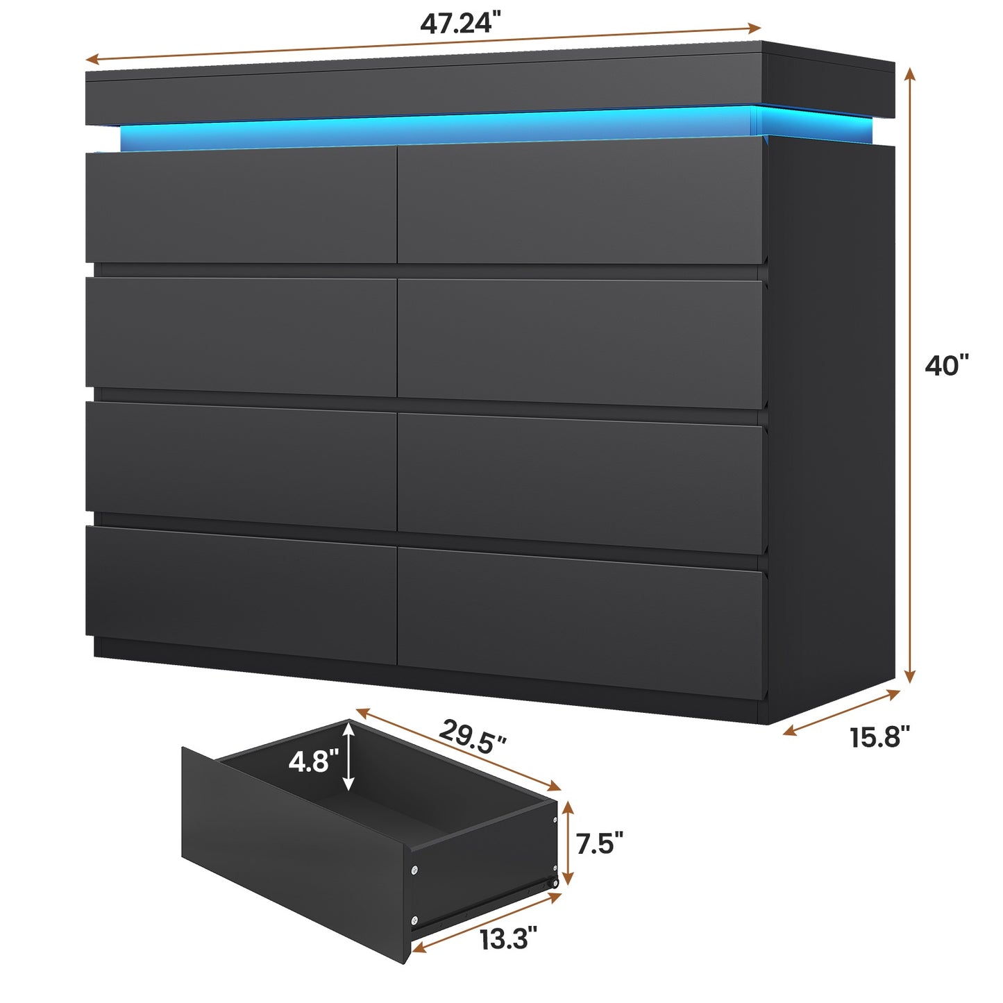 HAUOMS 40 inch Dresser with LED Light and 8 Drawer Modern Closet Dressers for Bedroom Living Room Entryway