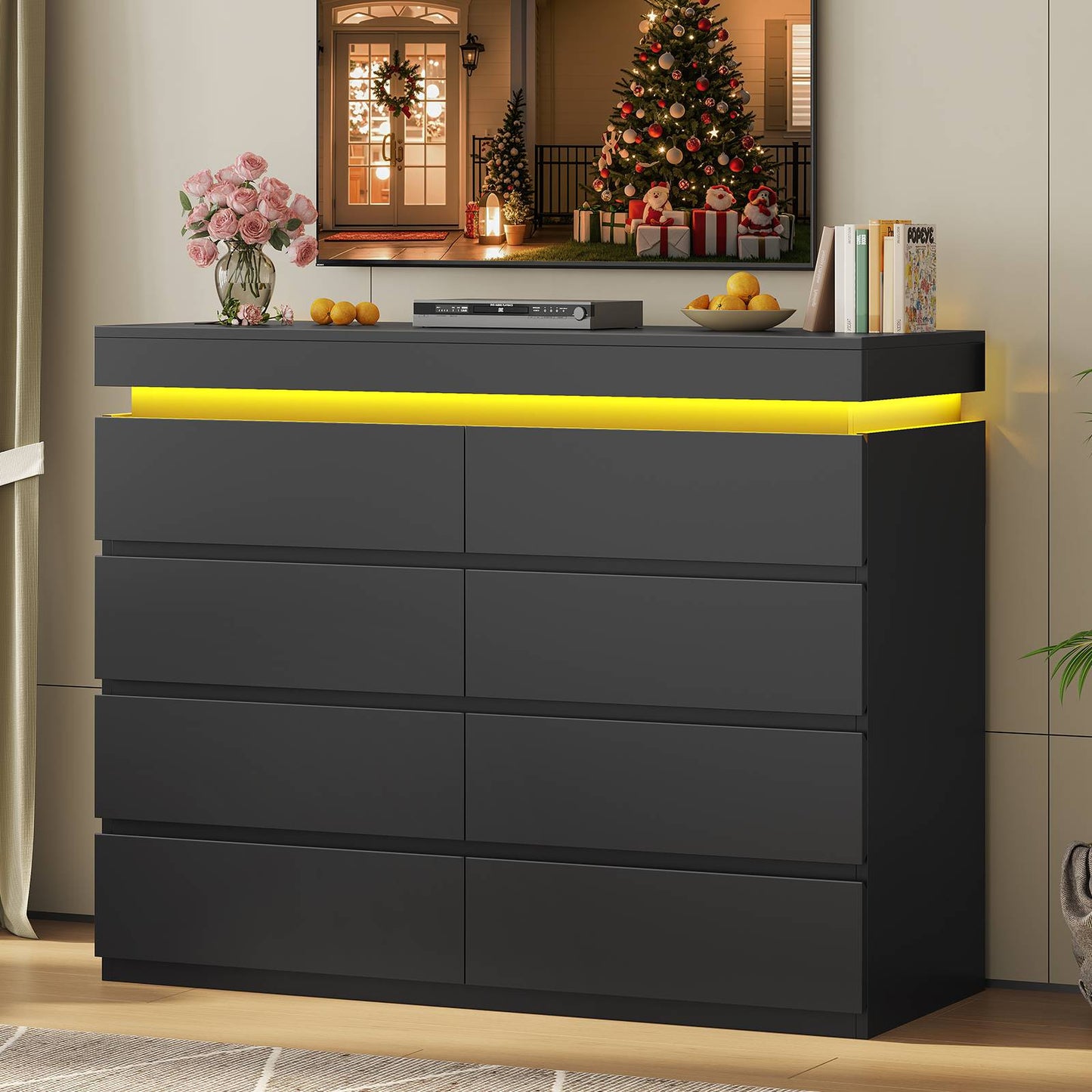 HAUOMS 40 inch Dresser with LED Light and 8 Drawer Modern Closet Dressers for Bedroom Living Room Entryway