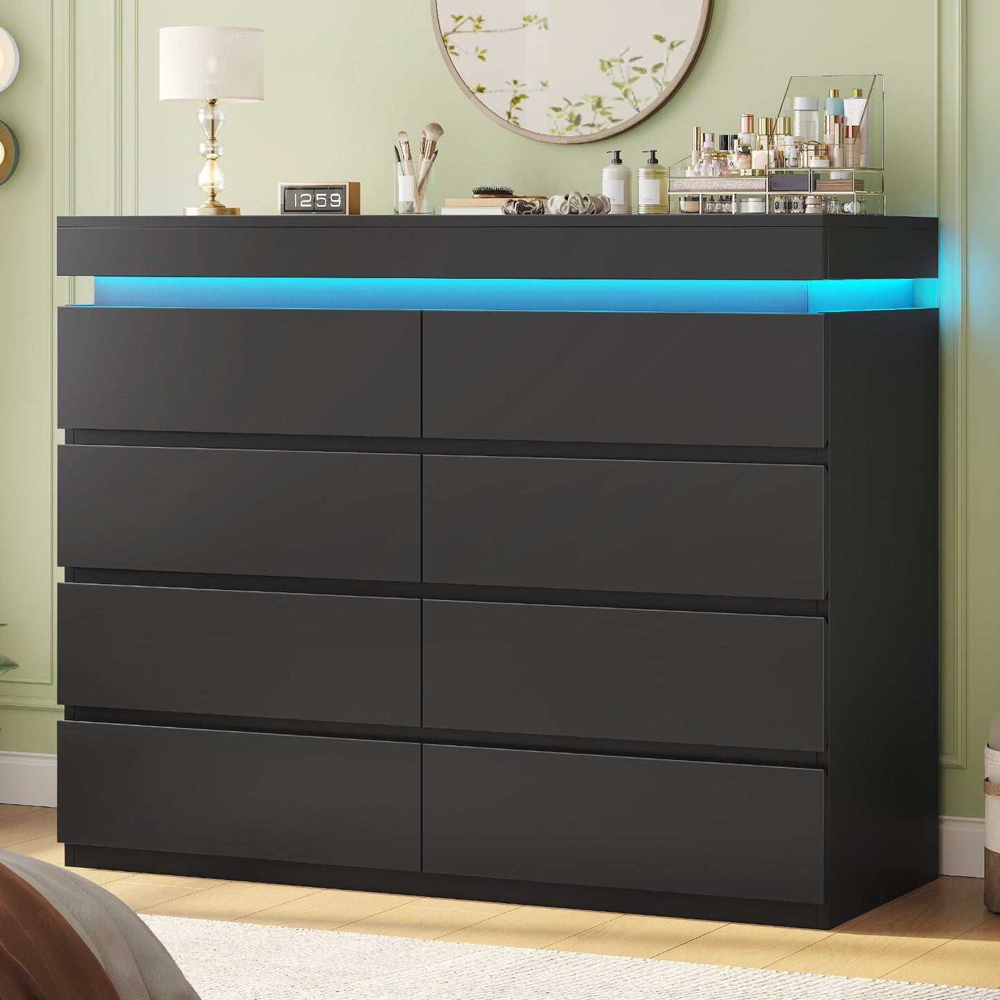 HAUOMS 40 inch Dresser with LED Light and 8 Drawer Modern Closet Dressers for Bedroom Living Room Entryway