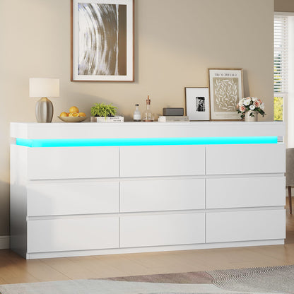HAUOMS 63 Inch Wide Dresser with LED Light and 9 Drawer Modern Chest for Bedroom Living Room Entryway Hallway