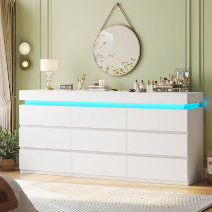 HAUOMS 63 Inch Wide Dresser with LED Light and 9 Drawer Modern Chest for Bedroom Living Room Entryway Hallway