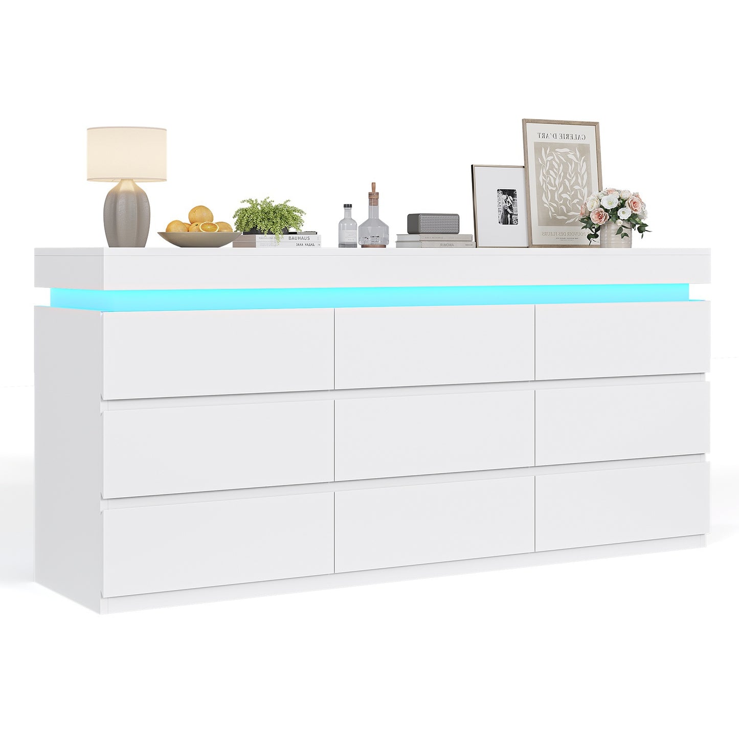 HAUOMS 63 Inch Wide Dresser with LED Light and 9 Drawer Modern Chest for Bedroom Living Room Entryway Hallway