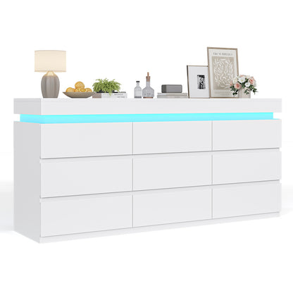 HAUOMS 63 Inch Wide Dresser with LED Light and 9 Drawer Modern Chest for Bedroom Living Room Entryway Hallway