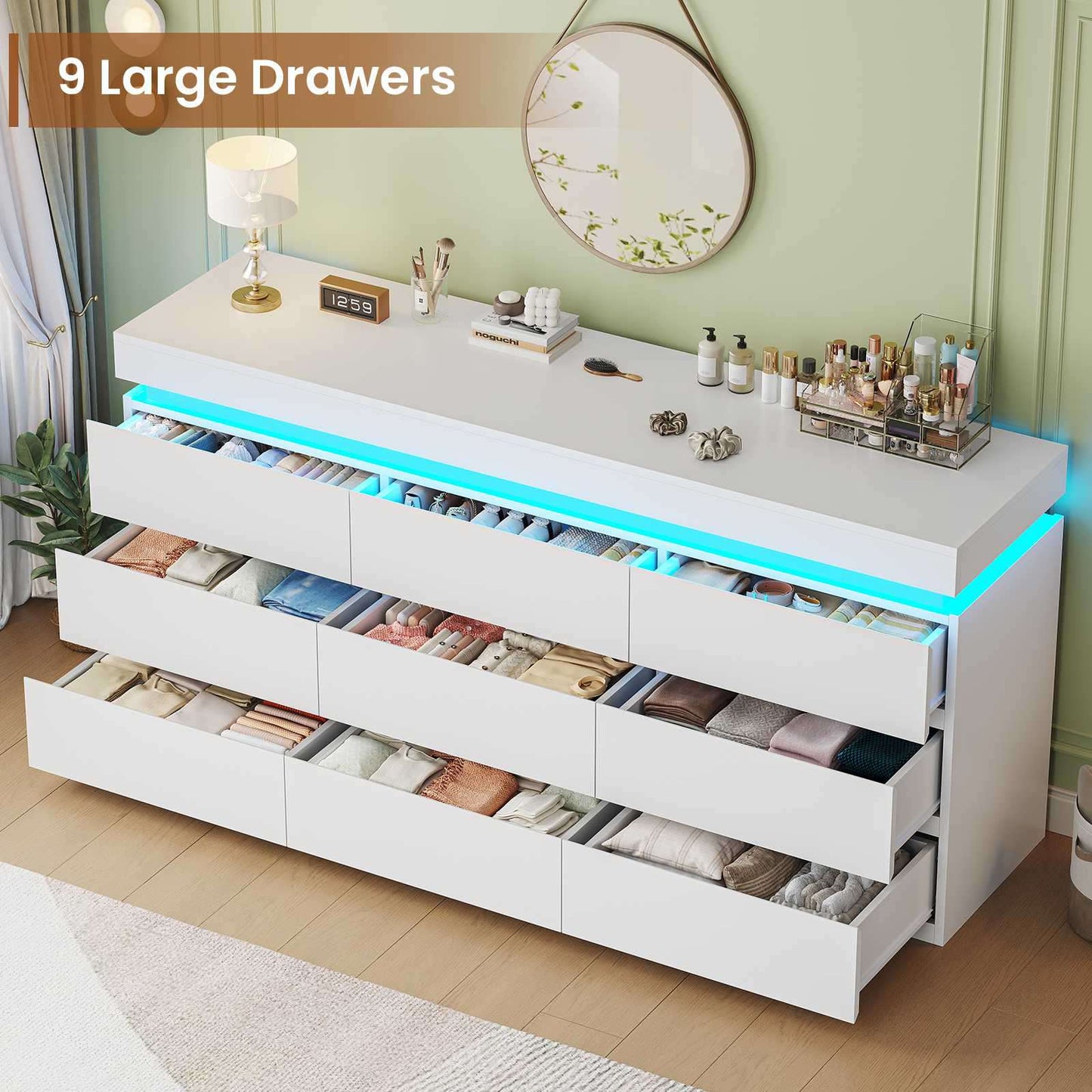 HAUOMS 63 Inch Wide Dresser with LED Light and 9 Drawer Modern Chest for Bedroom Living Room Entryway Hallway