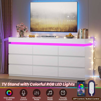 HAUOMS 63 Inch Wide Dresser with LED Light and 9 Drawer Modern Chest for Bedroom Living Room Entryway Hallway