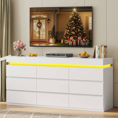 HAUOMS 63 Inch Wide Dresser with LED Light and 9 Drawer Modern Chest for Bedroom Living Room Entryway Hallway