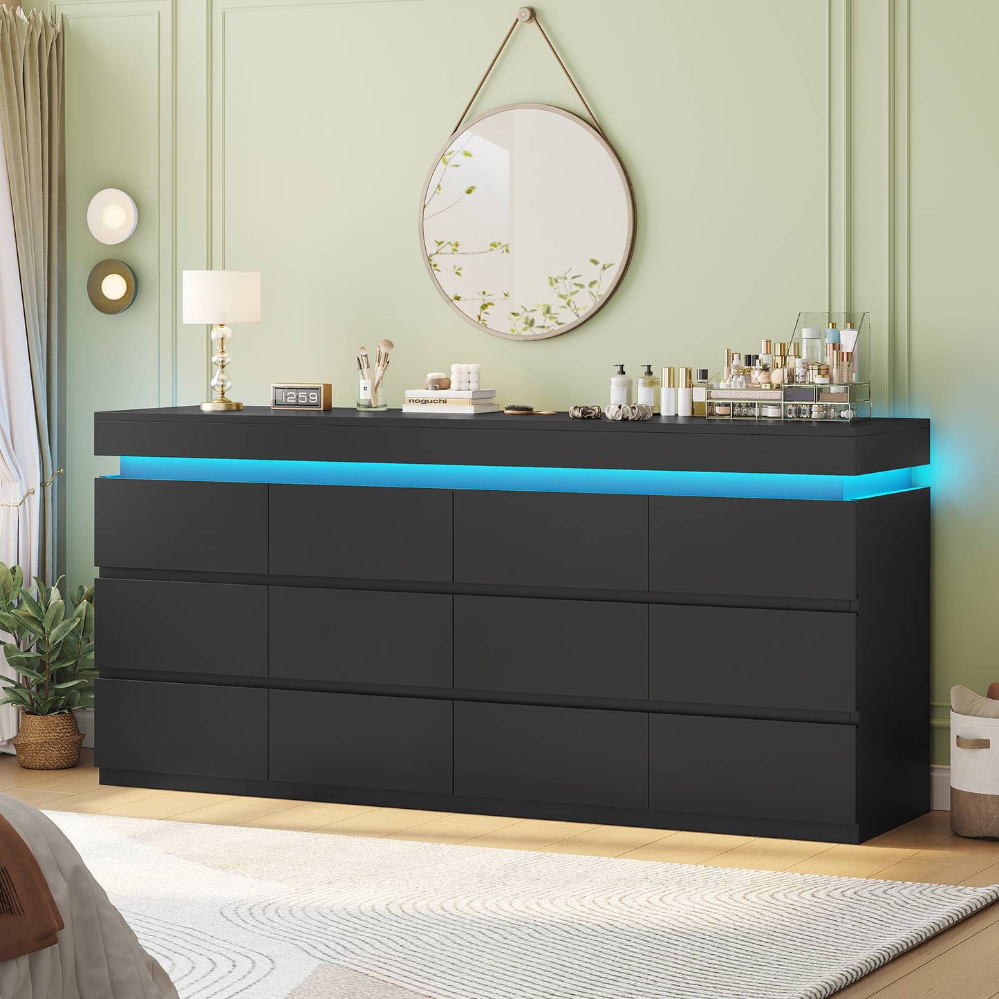 HAUOMS 63 Inch Wide Dresser with LED Light and 12 Drawer Modern Chest for Bedroom Living Room Entryway Hallway