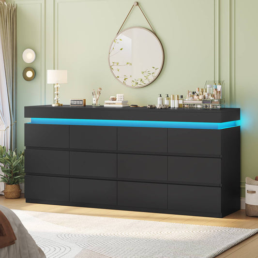 HAUOMS 63 Inch Wide Dresser with LED Light and 12 Drawer Modern Chest for Bedroom Living Room Entryway Hallway