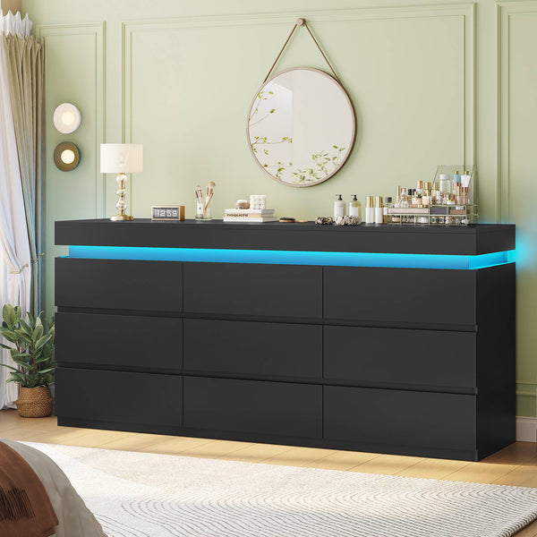 HAUOMS 63 Inch Wide Dresser with LED Light and 9 Drawer Modern Chest f