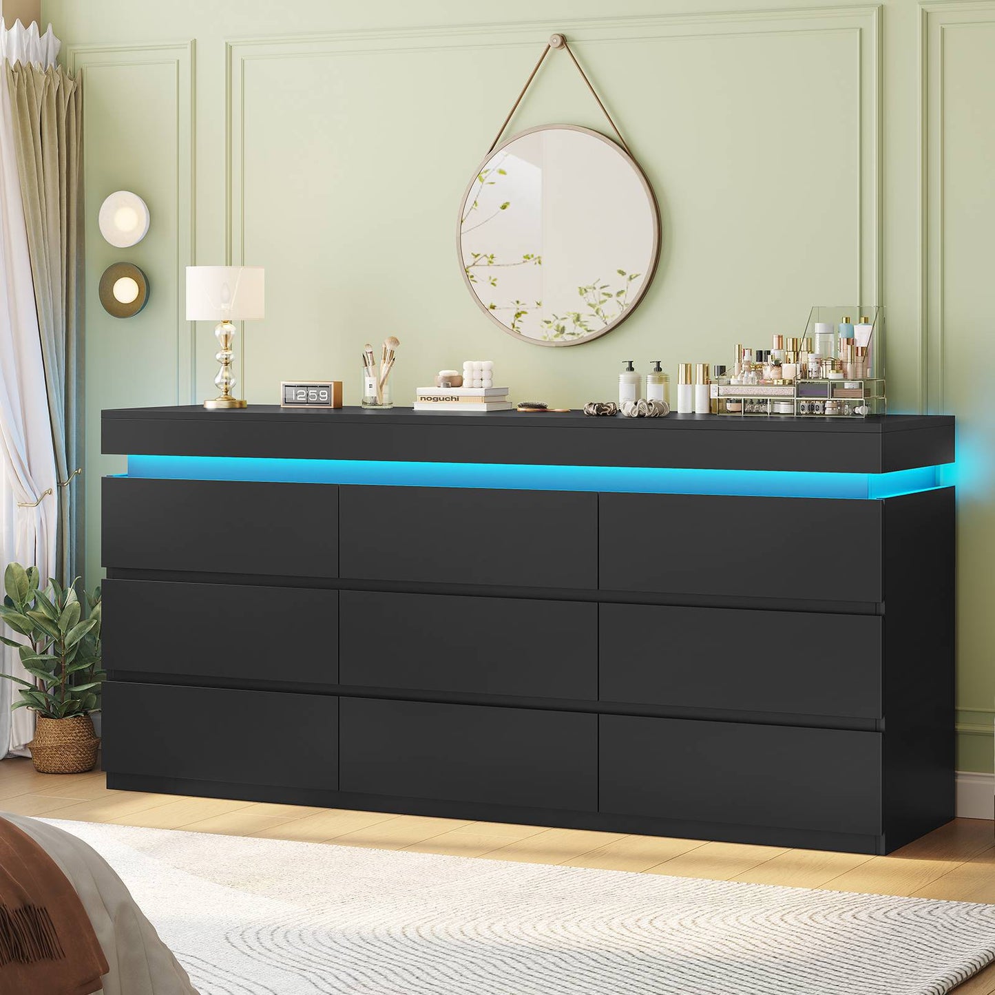 HAUOMS 63 Inch Wide Dresser with LED Light and 9 Drawer Modern Chest for Bedroom Living Room Entryway Hallway