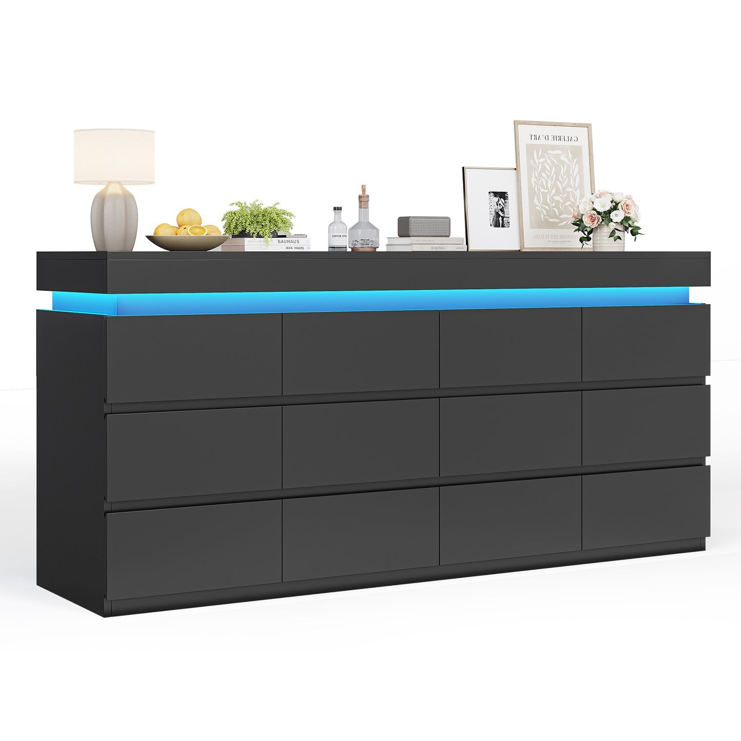 HAUOMS 63 Inch Wide Dresser with LED Light and 12 Drawer Modern Chest for Bedroom Living Room Entryway Hallway