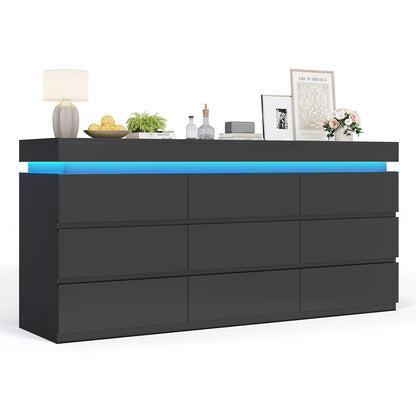 HAUOMS 63 Inch Wide Dresser with LED Light and 9 Drawer Modern Chest for Bedroom Living Room Entryway Hallway