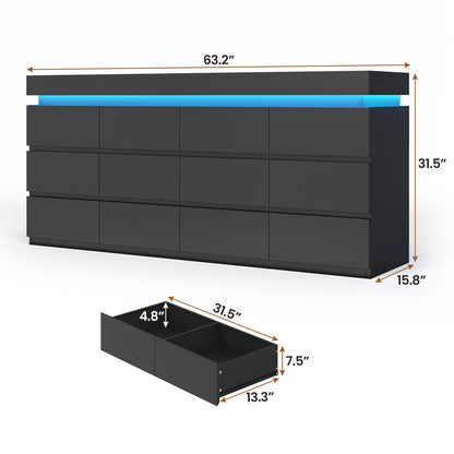 HAUOMS 63 Inch Wide Dresser with LED Light and 12 Drawer Modern Chest for Bedroom Living Room Entryway Hallway