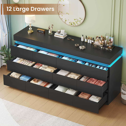 HAUOMS 63 Inch Wide Dresser with LED Light and 12 Drawer Modern Chest for Bedroom Living Room Entryway Hallway