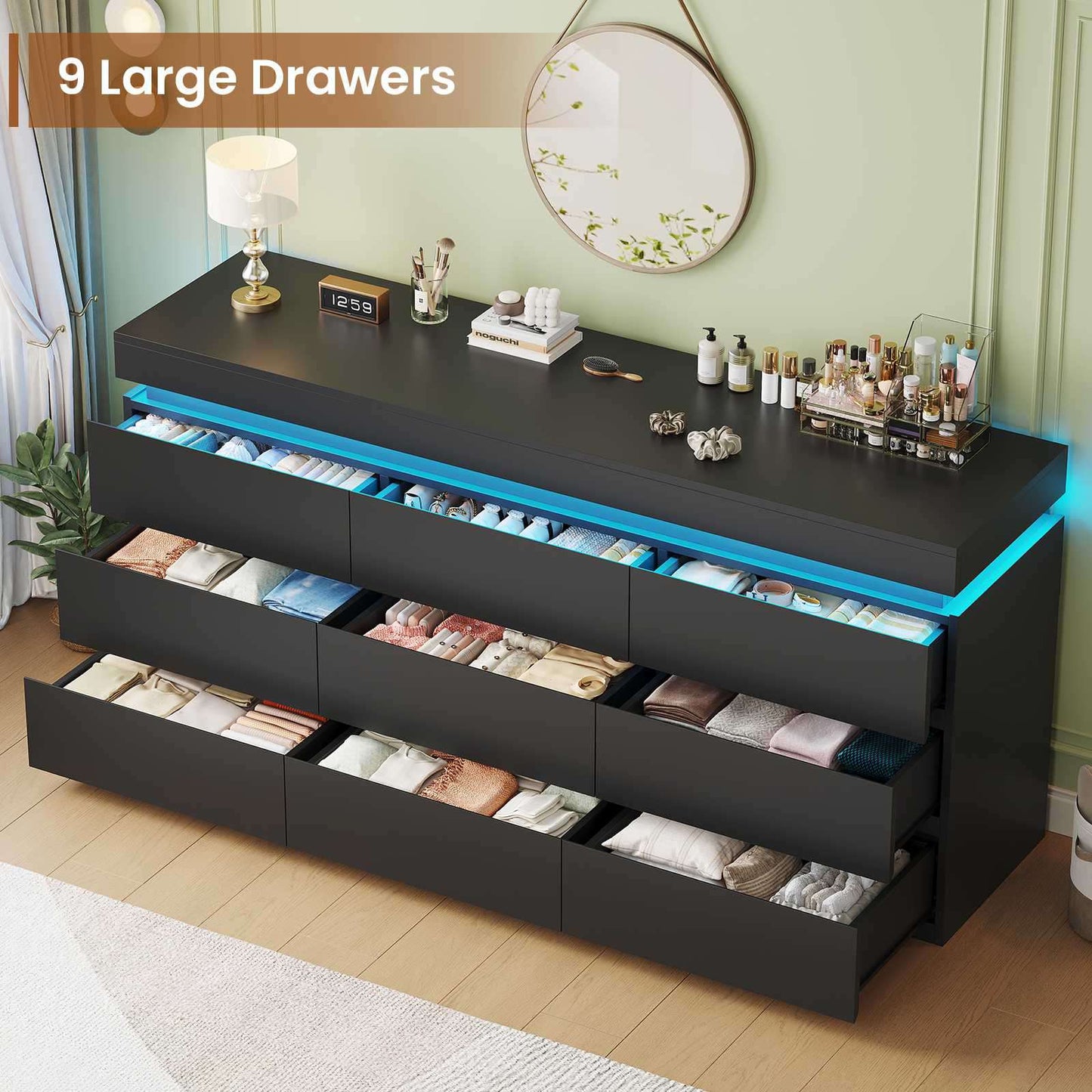 HAUOMS 63 Inch Wide Dresser with LED Light and 9 Drawer Modern Chest for Bedroom Living Room Entryway Hallway