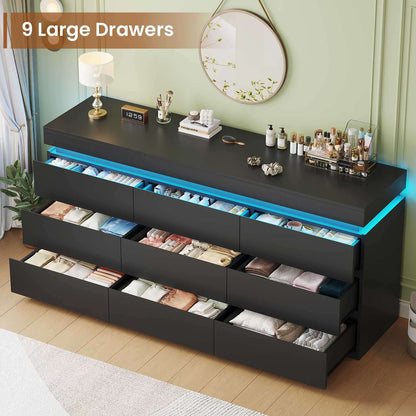 HAUOMS 63 Inch Wide Dresser with LED Light and 9 Drawer Modern Chest for Bedroom Living Room Entryway Hallway