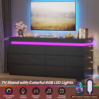 HAUOMS 63 Inch Wide Dresser with LED Light and 12 Drawer Modern Chest for Bedroom Living Room Entryway Hallway