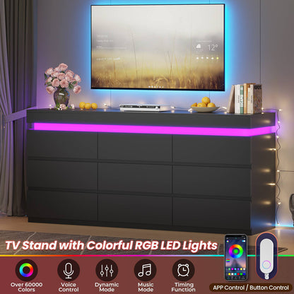 HAUOMS 63 Inch Wide Dresser with LED Light and 9 Drawer Modern Chest for Bedroom Living Room Entryway Hallway