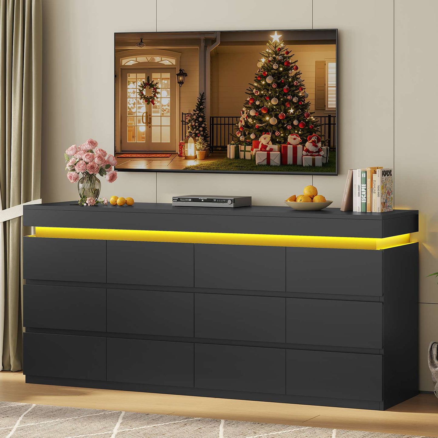 HAUOMS 63 Inch Wide Dresser with LED Light and 12 Drawer Modern Chest for Bedroom Living Room Entryway Hallway