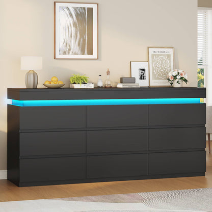 HAUOMS 63 Inch Wide Dresser with LED Light and 9 Drawer Modern Chest for Bedroom Living Room Entryway Hallway