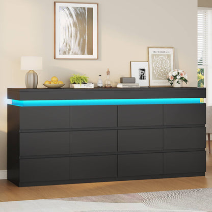 HAUOMS 63 Inch Wide Dresser with LED Light and 12 Drawer Modern Chest for Bedroom Living Room Entryway Hallway