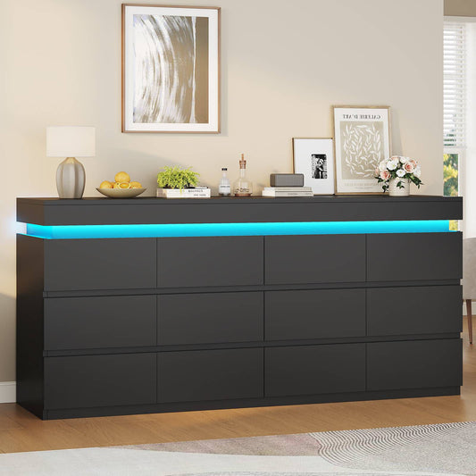 HAUOMS 63 Inch Wide Dresser with LED Light and 12 Drawer Modern Chest for Bedroom Living Room Entryway Hallway