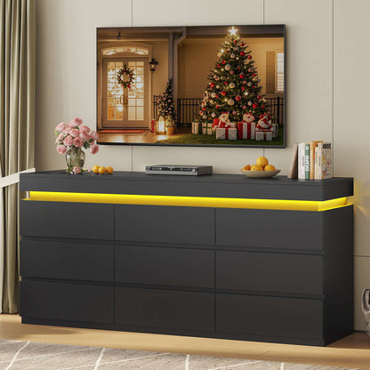 HAUOMS 63 Inch Wide Dresser with LED Light and 9 Drawer Modern Chest for Bedroom Living Room Entryway Hallway