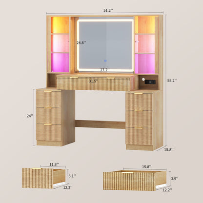 HAUOMS Vanity with 8 Drawers and Charging Station Fluted Makeup Vanity Desk with Mirror and LED Lights for Girls Women
